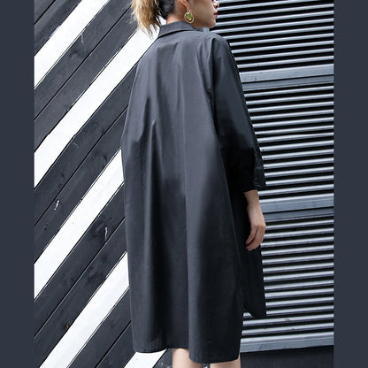 New Black Cotton Knee Dress Clothing Cotton Maxi Dress Lapel Collar Asymmetric Cotton Dresses