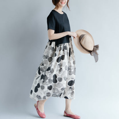 New Black Cotton Linen Dresses Clothing Short Sleeve Print Patchwork O Neck Gown