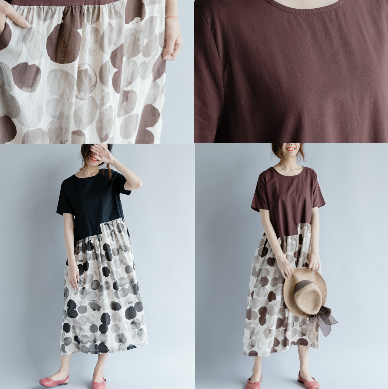 New Black Cotton Linen Dresses Clothing Short Sleeve Print Patchwork O Neck Gown
