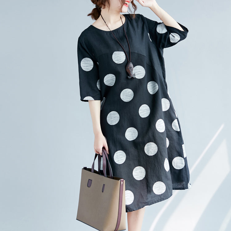 New Black Dotted Cotton Linen Dresses Clothing O Neck Pockets Cotton Linen Clothing Dress Half Sleeve Patchwork Maxi Dresses