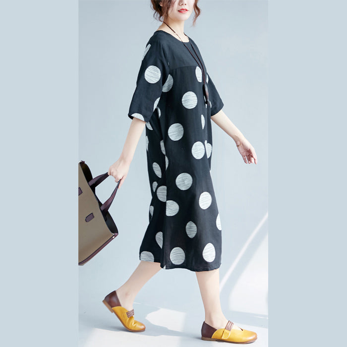 New Black Dotted Cotton Linen Dresses Clothing O Neck Pockets Cotton Linen Clothing Dress Half Sleeve Patchwork Maxi Dresses