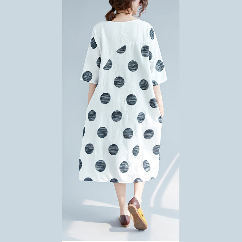 New Black Dotted Cotton Linen Dresses Clothing O Neck Pockets Cotton Linen Clothing Dress Half Sleeve Patchwork Maxi Dresses