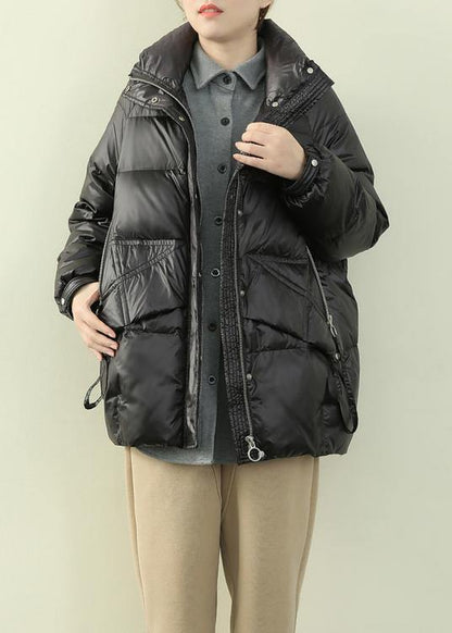 New Black Down Jacket Woman Winter Jacket Stand Collar Zippered Overcoat