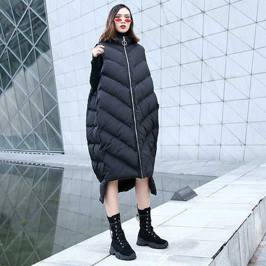 New Black Down Tops Hooded Zippered Down Jacket Sleeveless Trench Tops