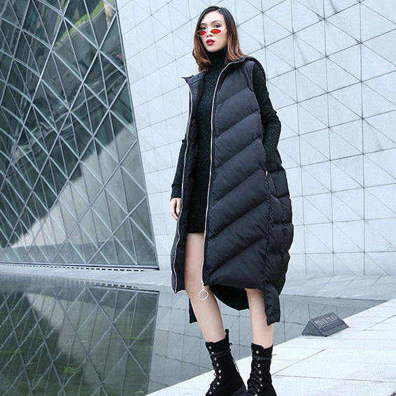 New Black Down Tops Hooded Zippered Down Jacket Sleeveless Trench Tops