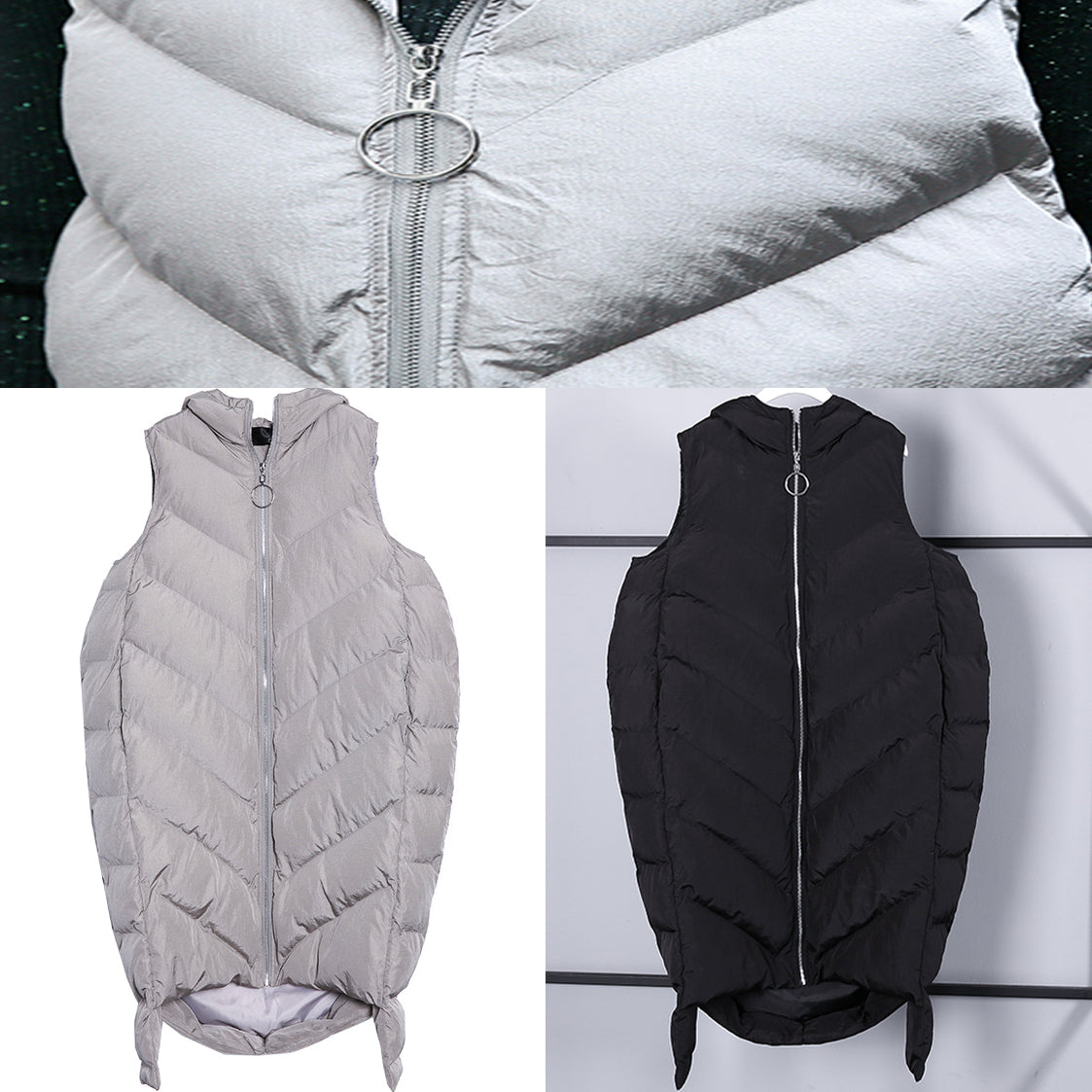 New Black Down Tops Hooded Zippered Down Jacket Sleeveless Trench Tops