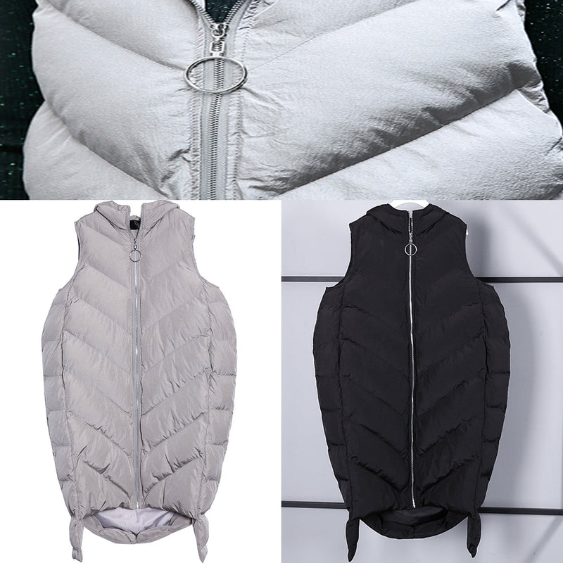 New Black Down Tops Hooded Zippered Down Jacket Sleeveless Trench Tops