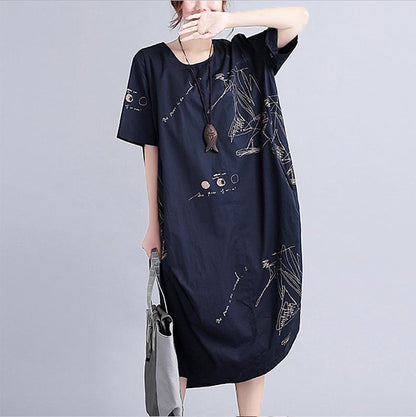 New Black Linen Knee Dress Oversized Linen Clothing Dress Short Sleeve Prints Linen Cotton Dress