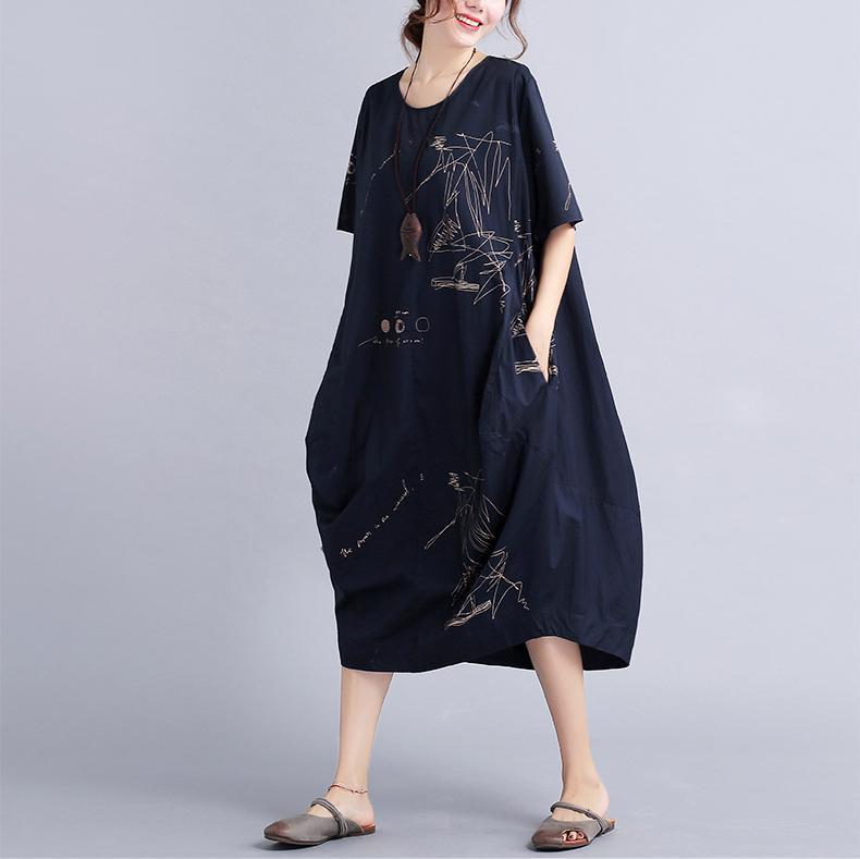 New Black Linen Knee Dress Oversized Linen Clothing Dress Short Sleeve Prints Linen Cotton Dress