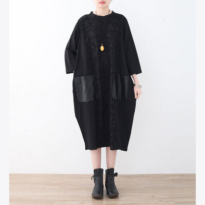 New Black Natural Linen Dress Oversized Patchwork Caftans New Pockets Maxi Dresses