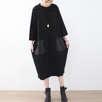 New Black Natural Linen Dress Oversized Patchwork Caftans New Pockets Maxi Dresses