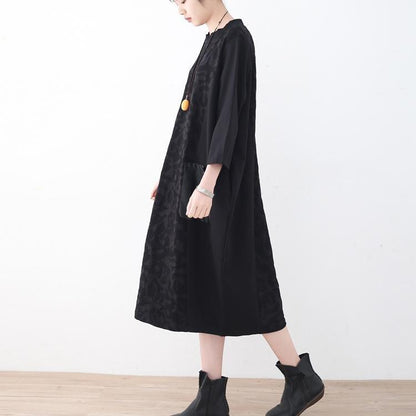 New Black Natural Linen Dress Oversized Patchwork Caftans New Pockets Maxi Dresses