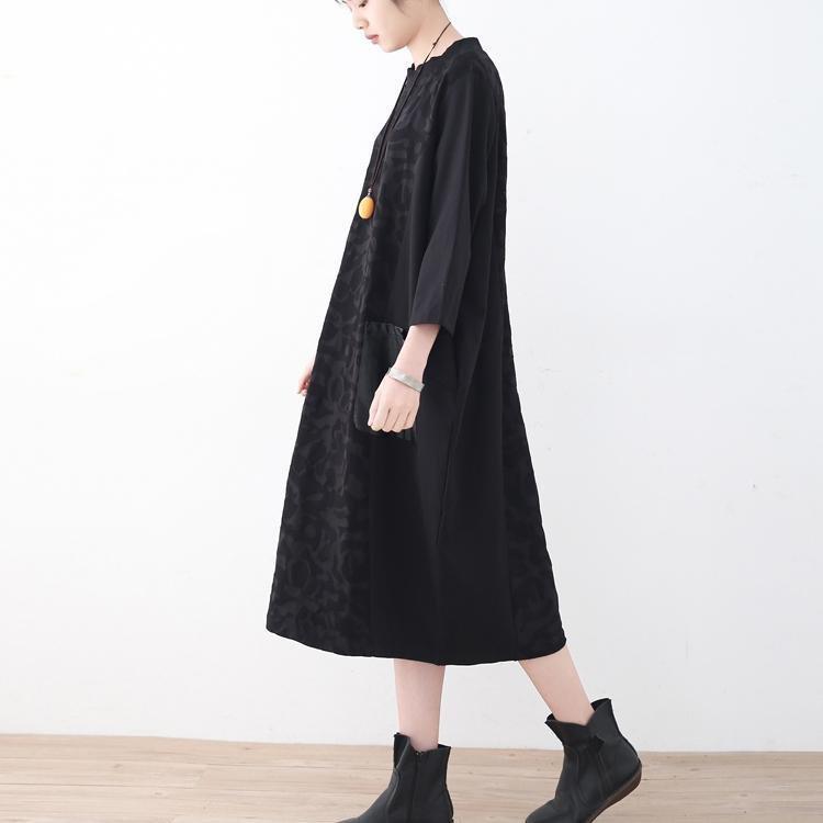 New Black Natural Linen Dress Oversized Patchwork Caftans New Pockets Maxi Dresses