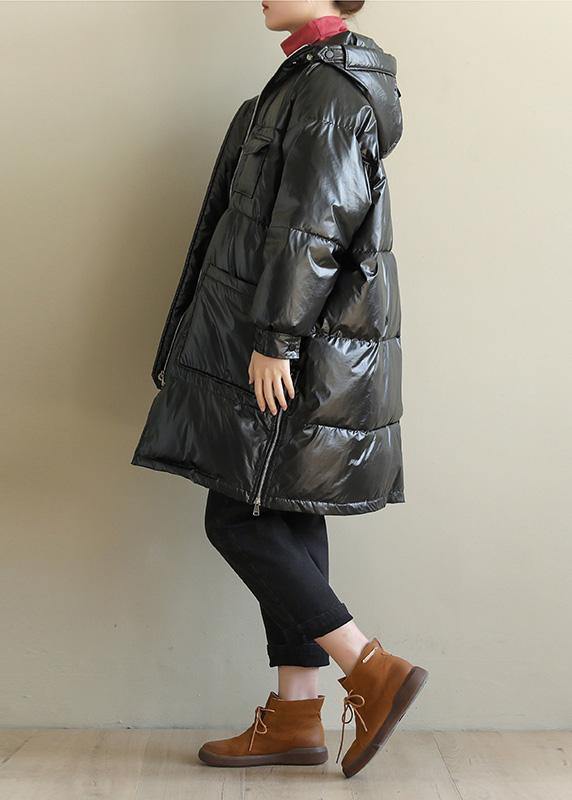 New Black Overcoat Oversize Snow Jackets Hooded Zippered Coats