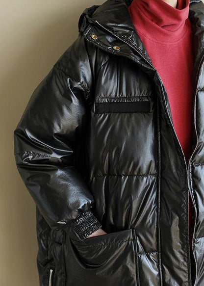 New Black Overcoat Oversize Snow Jackets Hooded Zippered Coats