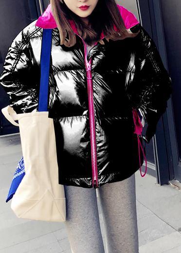 New Black Patchwork Down Coat Winter Loose Fitting Snow Jackets Stand Collar Zippered New Overcoat