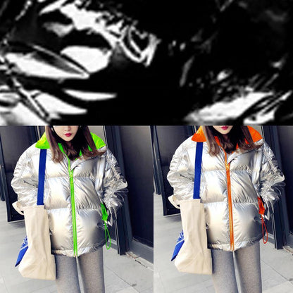 New Black Patchwork Down Coat Winter Loose Fitting Snow Jackets Stand Collar Zippered New Overcoat