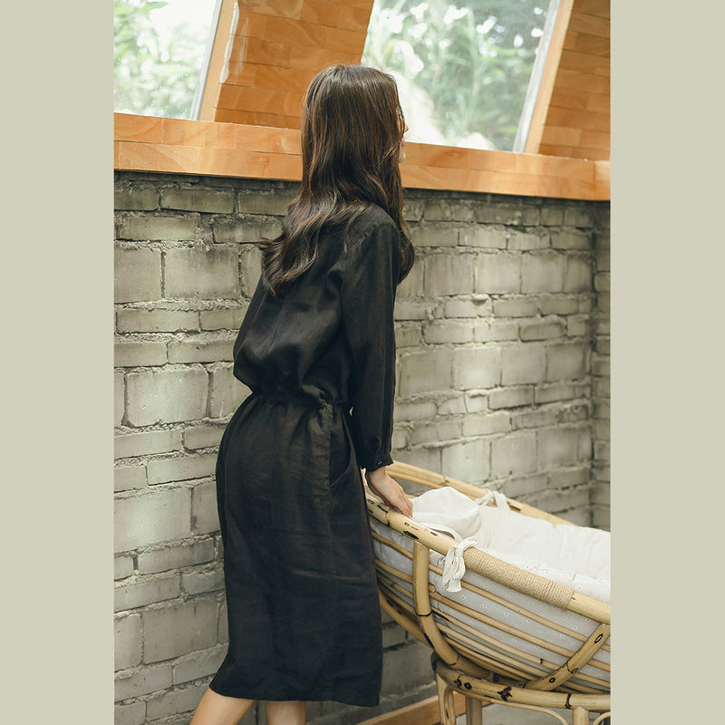 New Black Linen Dress Tie Waist V Neck Clothing Dress