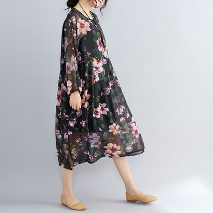 New Black Prints Chiffon Dresses Dress Long Sleeve Two Pieces Dress