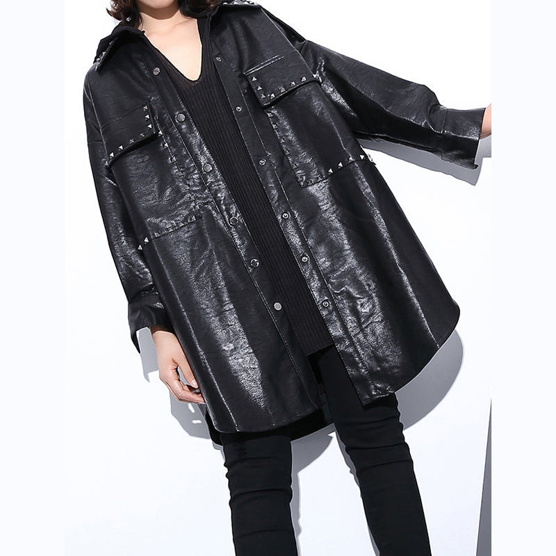 New Black Pu Blouse Oversize Lapel Collar Pockets T Shirt Long Sleeve Rivet Pu Coat