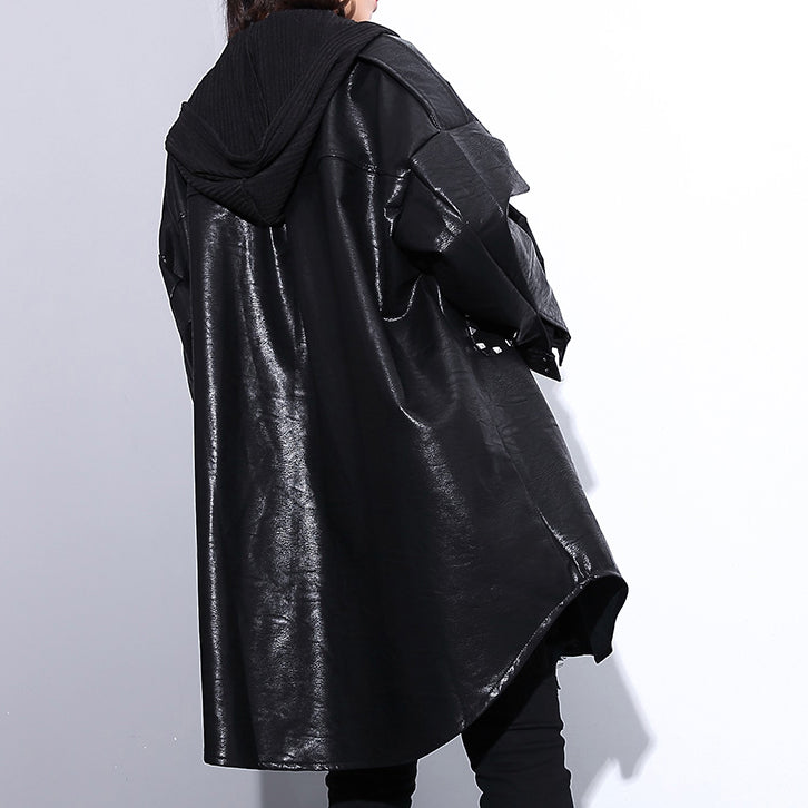 New Black Pu Blouse Oversize Lapel Collar Pockets T Shirt Long Sleeve Rivet Pu Coat