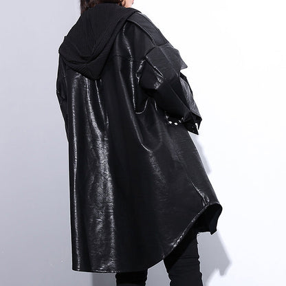 New Black Pu Blouse Oversize Lapel Collar Pockets T Shirt Long Sleeve Rivet Pu Coat