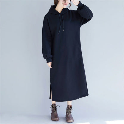 New Black Spring Dress Gown Hooded Side Open Drawstring Cotton Clothing Dress