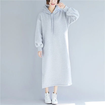 New Black Spring Dress Gown Hooded Side Open Drawstring Cotton Clothing Dress