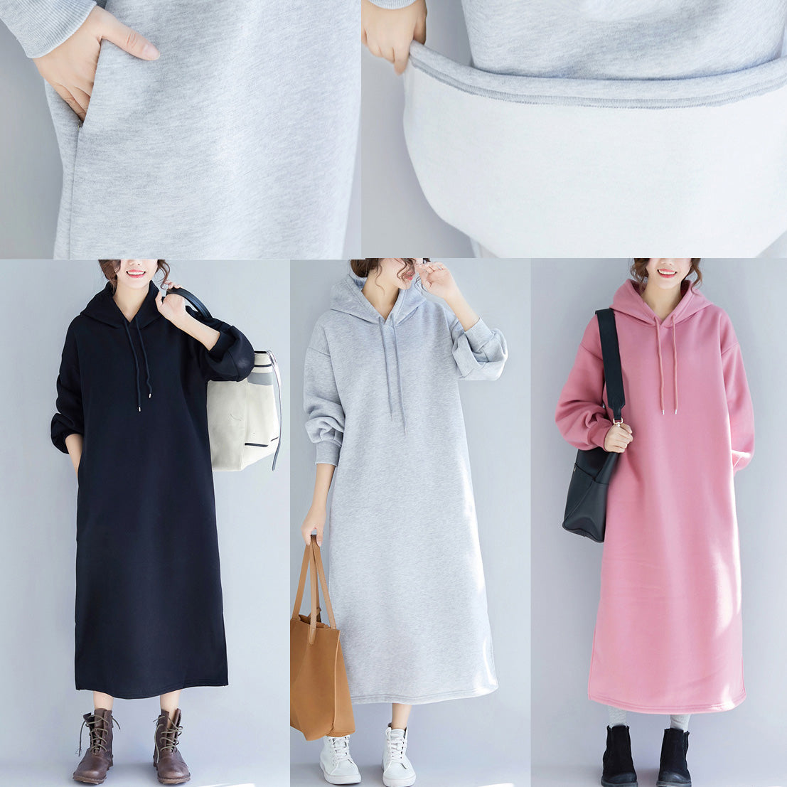New Black Spring Dress Gown Hooded Side Open Drawstring Cotton Clothing Dress