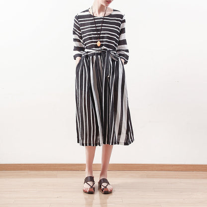 New Black White Striped Natural Linen Dress Loose Fitting Tie Waist Traveling Clothing Bracelet Sleeved Gown