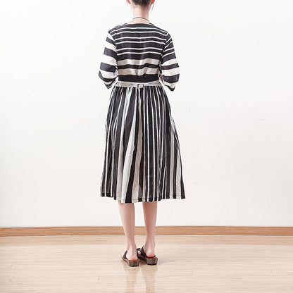 New Black White Striped Natural Linen Dress Loose Fitting Tie Waist Traveling Clothing Bracelet Sleeved Gown