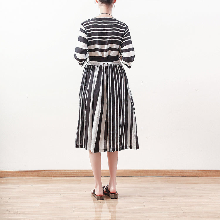 New Black White Striped Natural Linen Dress Loose Fitting Tie Waist Traveling Clothing Bracelet Sleeved Gown