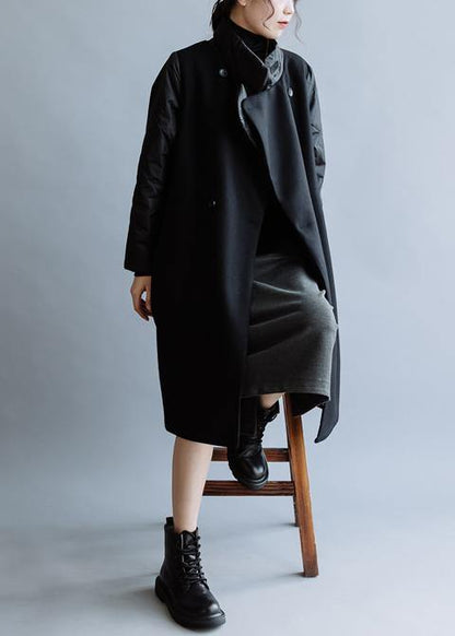 New Black Wool Coat Medium Length Jackets Double Breast Pockets Winter Coats