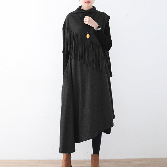 New Black Wool Dress Tassel Winter Dress Asymmetric Hem Winter Dress