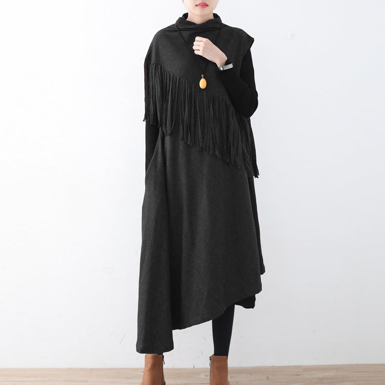 New Black Wool Dress Tassel Winter Dress Asymmetric Hem Winter Dress