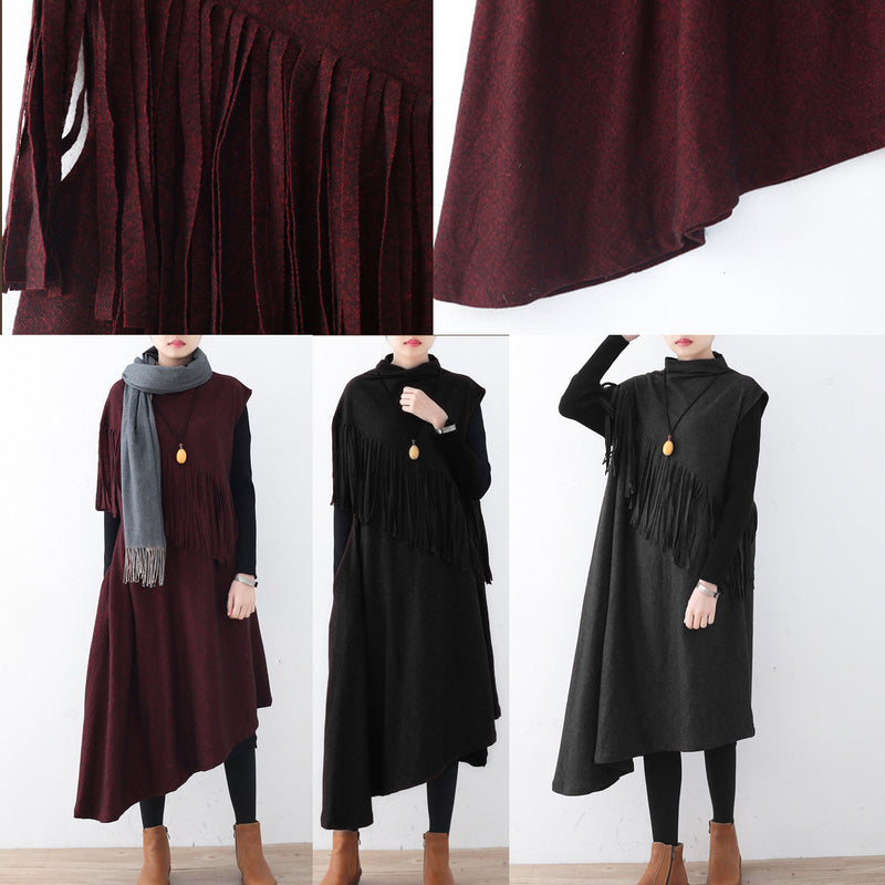 New Black Wool Dress Tassel Winter Dress Asymmetric Hem Winter Dress