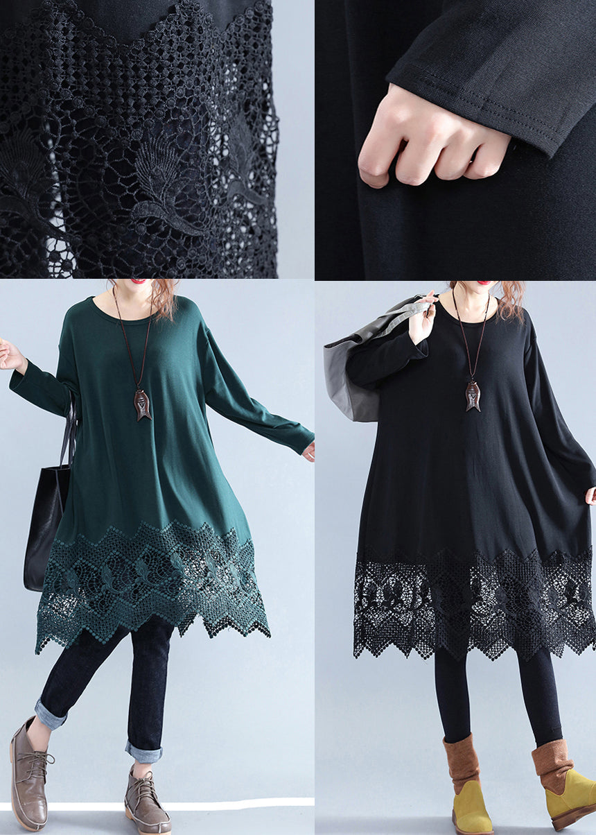 New Blackish Green Cotton Shift Dress Plussize Cotton Clothing Dresses Lace Ruffles Long Sleeve Cotton Dresses