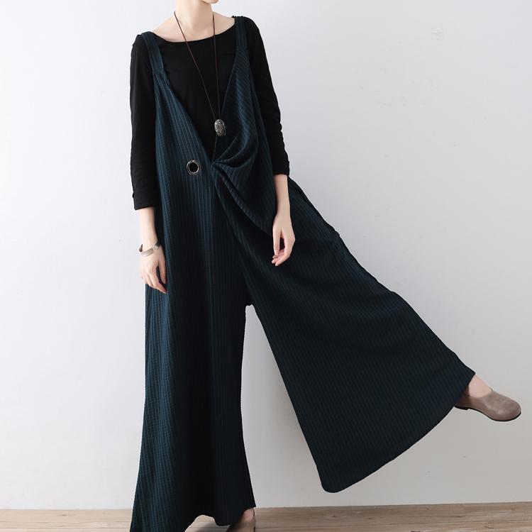 New Blackish Green Jumpsuit Pants Striped Wide Leg Oversize Jumpsuits Trousers Side