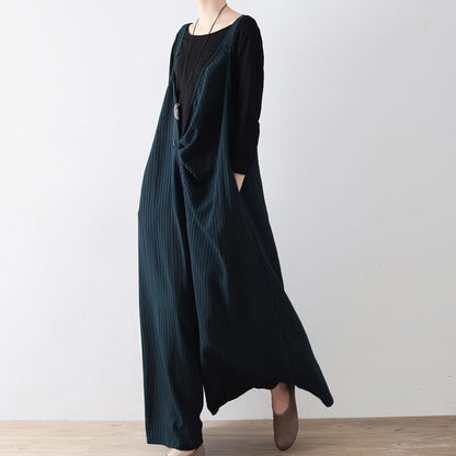New Blackish Green Jumpsuit Pants Striped Wide Leg Oversize Jumpsuits Trousers Side