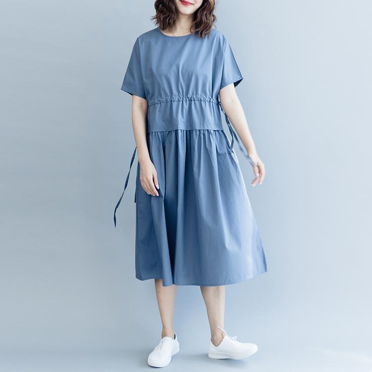 New Blue Cotton Dresses Oversize O Neck Drawstring Caftans Fine Short Sleeve Baggy Dresses