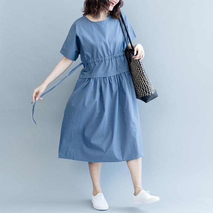 New Blue Cotton Dresses Oversize O Neck Drawstring Caftans Fine Short Sleeve Baggy Dresses