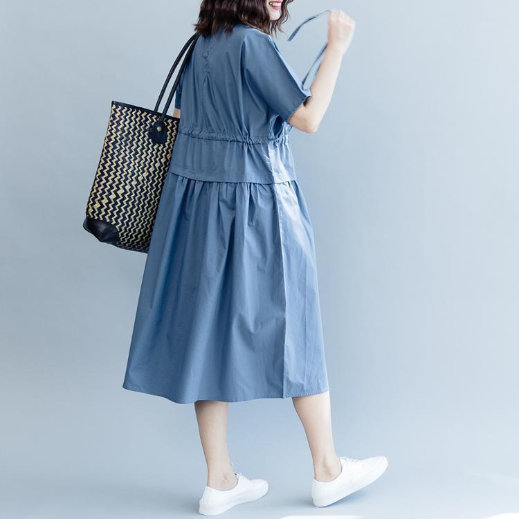 New Blue Cotton Dresses Oversize O Neck Drawstring Caftans Fine Short Sleeve Baggy Dresses