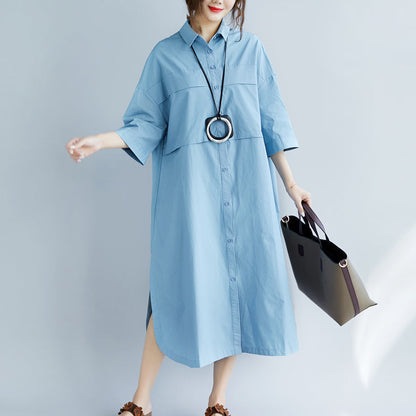 New Blue Cotton Dresses Turn-down Collar Pockets Side Open New Three Quarter Sleeve Cotton Dresses