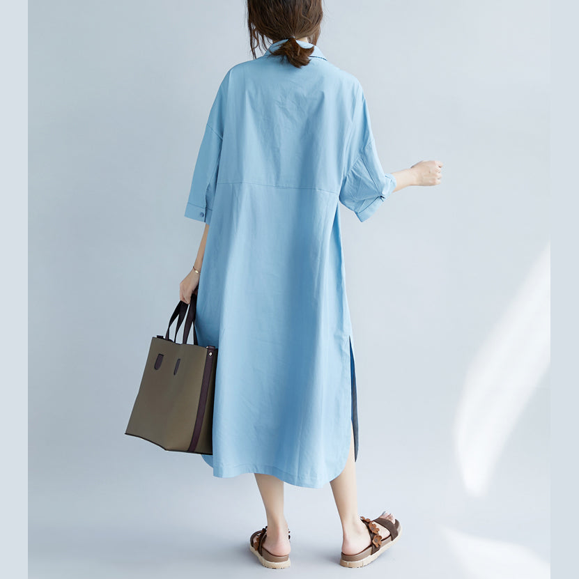 New Blue Cotton Dresses Turn-down Collar Pockets Side Open New Three Quarter Sleeve Cotton Dresses