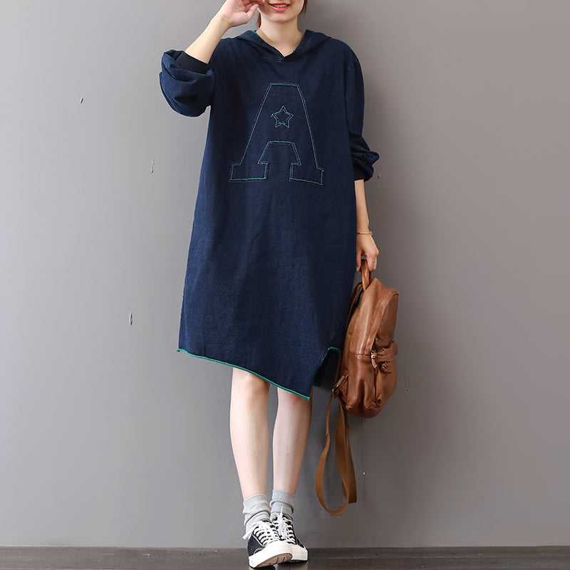 New Blue Cotton Knee Dress Loose Fitting Traveling Clothing Asymmetric Hem 2018hooded Cotton Dresses