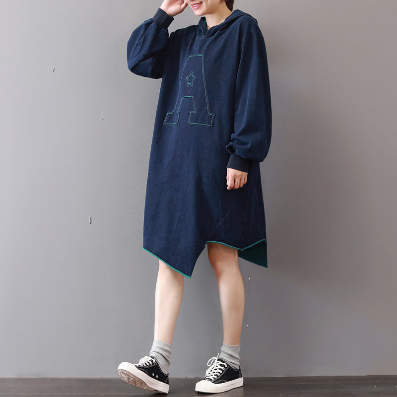 New Blue Cotton Knee Dress Loose Fitting Traveling Clothing Asymmetric Hem 2018hooded Cotton Dresses