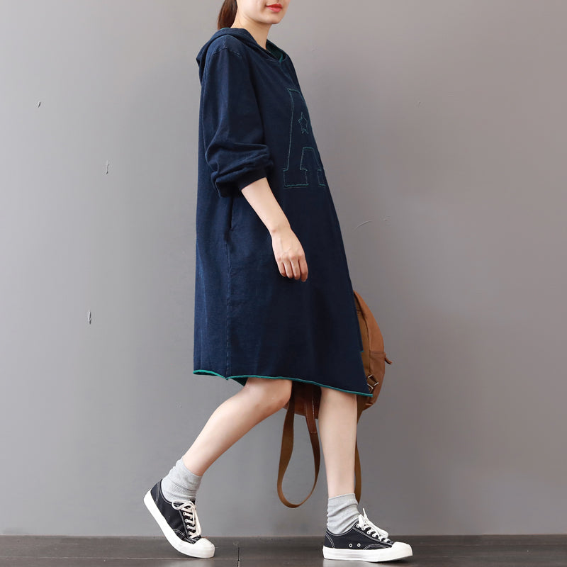 New Blue Cotton Knee Dress Loose Fitting Traveling Clothing Asymmetric Hem 2018hooded Cotton Dresses