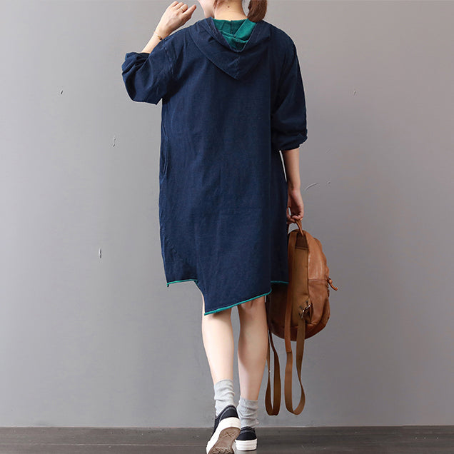 New Blue Cotton Knee Dress Loose Fitting Traveling Clothing Asymmetric Hem 2018hooded Cotton Dresses