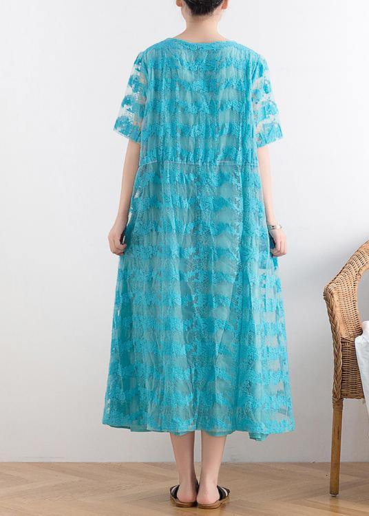 New Blue Lace Embroidery Organza Heavy Industry Retro Exquisite Loose Dress