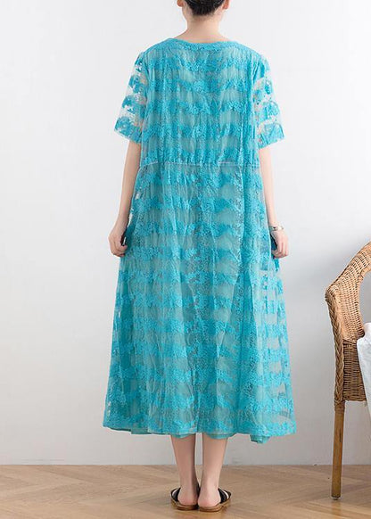 New Blue Lace Embroidery Organza Heavy Industry Retro Exquisite Loose Dress